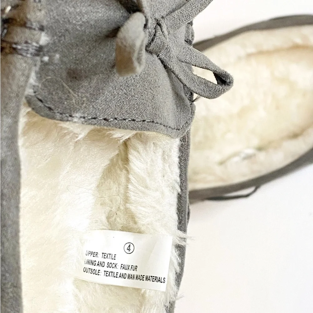 Cat & Jack Kids Gray Moccasins Size 4 | Faux Fur Lined Cozy Slip-On Shoes | NWOT